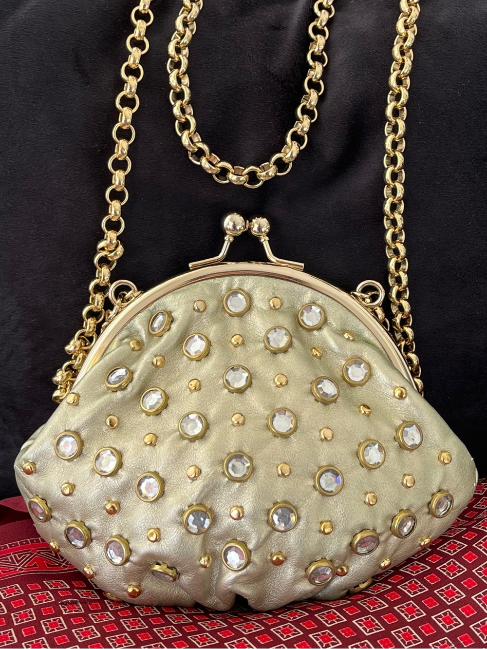 Kathy Van Zeeland Gold Kiss Lock Jeweled Crossbody Bag, EUC
